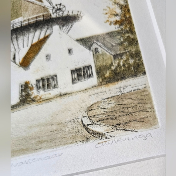 Vintage Framed Hand Coloured Engraving Dutch Windmill Signed A. Wieringa - Picture 6 of 9